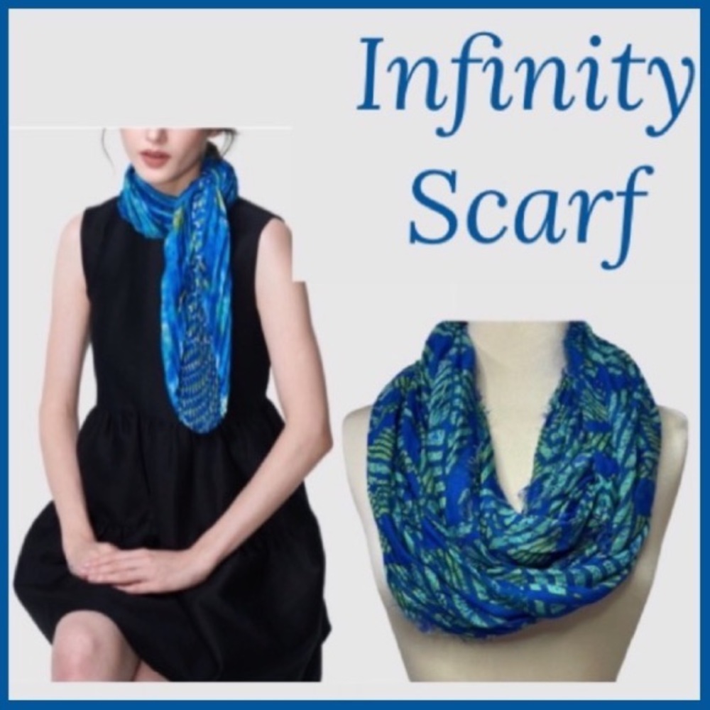 Boho Fringe Edge Abstract Tribal Patterned Infinity Fashion Scarf Blue Green